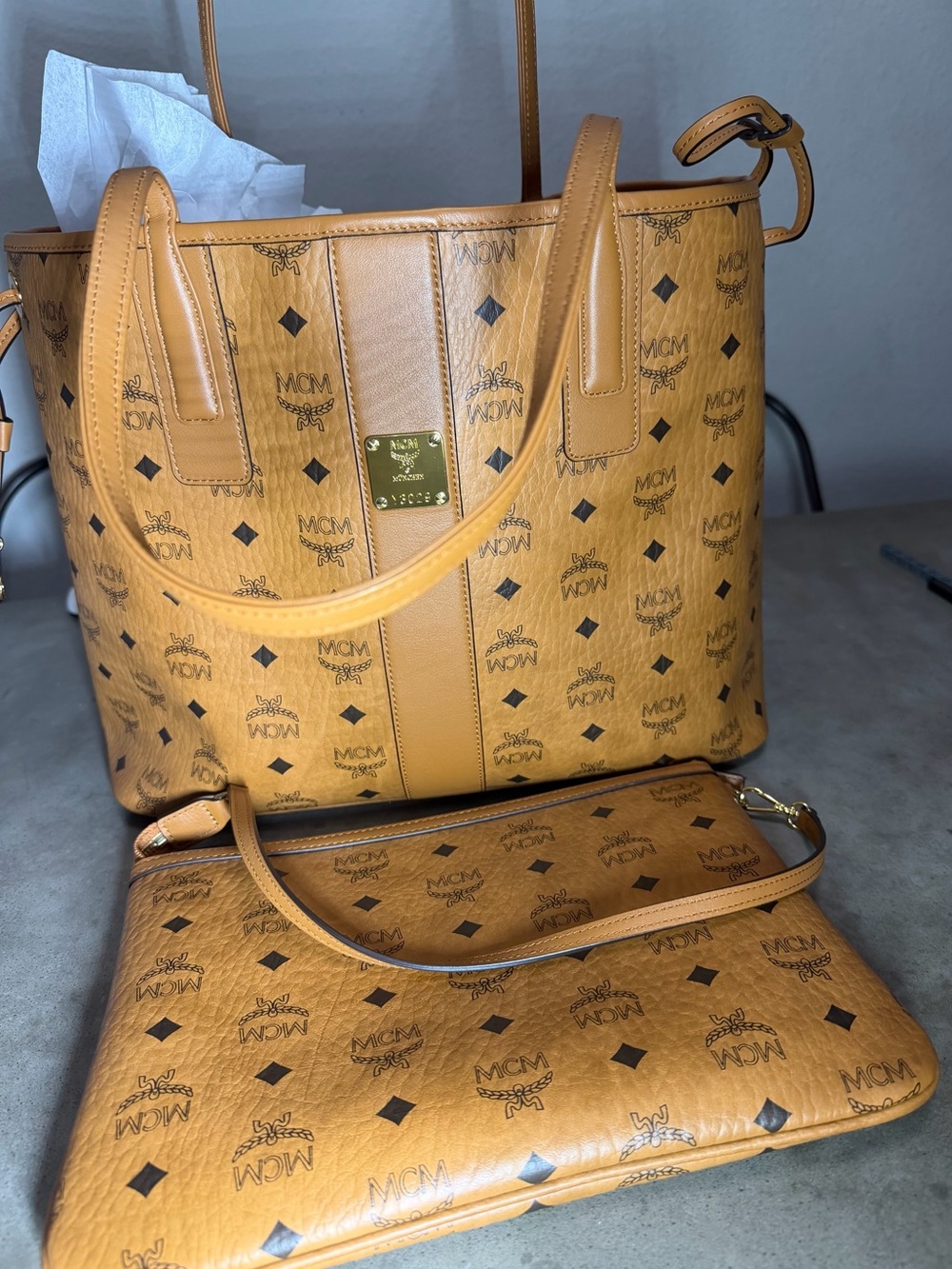 MCM Cognac Visetos Monogram Tote with Matching Pouch